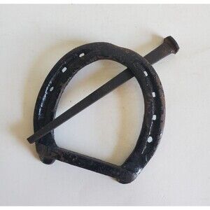 Original Cast Iron Bar Horseshoe & Large Vtg Square Nail Good Luck/Fortune Charm
